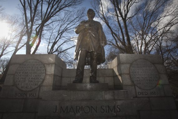 The Central Park statue of Dr. James Marion Sims is pictured along 5th Ave in the Manhattan borough of New York